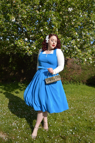 Beauty and the beast Belle cosplay disneybound disney fairy tale vintage inspired pinup Miss Amy May plus size fit review Bella-Blue dress gifted by Miss Candyfloss