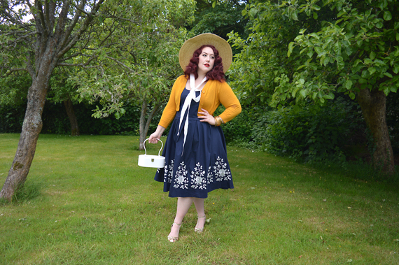 gifted navy and white Embroidered Amanda dress by Dolly & Dotty plus size vintage inspired dress fit size review Miss Amy May