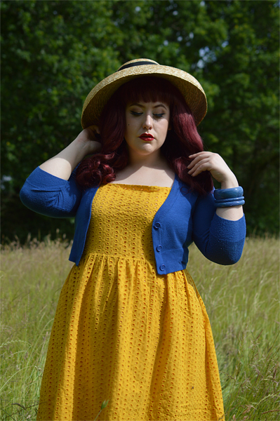 Joanie Clothing Yellow Eyelet lace Gemma sun dress gifted fit sizing plus size review pinup Miss Amy May
