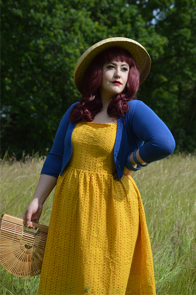 Joanie Clothing Yellow Eyelet lace Gemma sun dress gifted fit sizing plus size review pinup Miss Amy May
