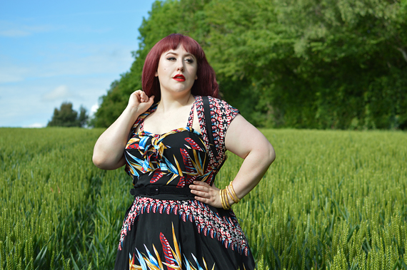 Black tropical Hawaiian Bird of Paradise Kalani swing dress Ronnie Bolero gifted by Unique Vintage x Kamehameha fit sizing review plus size pinup Miss Amy May