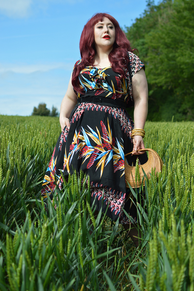 Black tropical Hawaiian Bird of Paradise Kalani swing dress Ronnie Bolero gifted by Unique Vintage x Kamehameha fit sizing review plus size pinup Miss Amy May