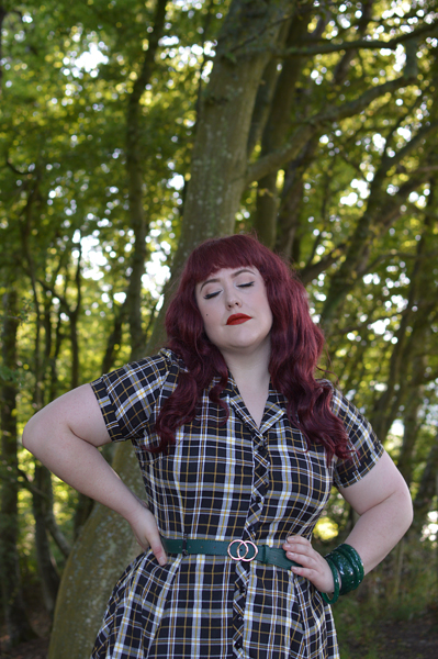 Brown Tatiana boots Lulu Hun Caterina Geek check print swing dress Collectif Vintage fit plus size review Miss Amy May pinup