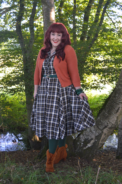Brown Tatiana boots Lulu Hun Caterina Geek check print swing dress Collectif Vintage fit plus size review Miss Amy May pinup
