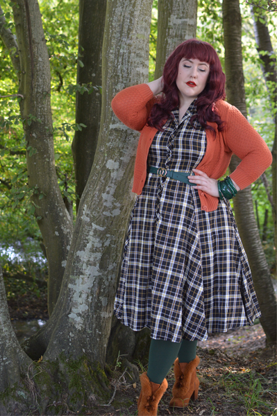 Brown Tatiana boots Lulu Hun Caterina Geek check print swing dress Collectif Vintage fit plus size review Miss Amy May pinup