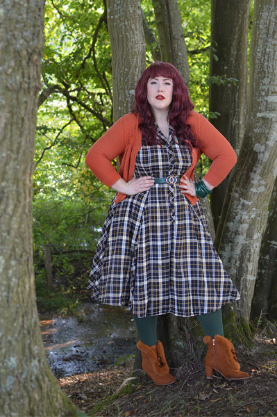 Brown Tatiana boots Lulu Hun Caterina Geek check print swing dress Collectif Vintage fit plus size review Miss Amy May pinup