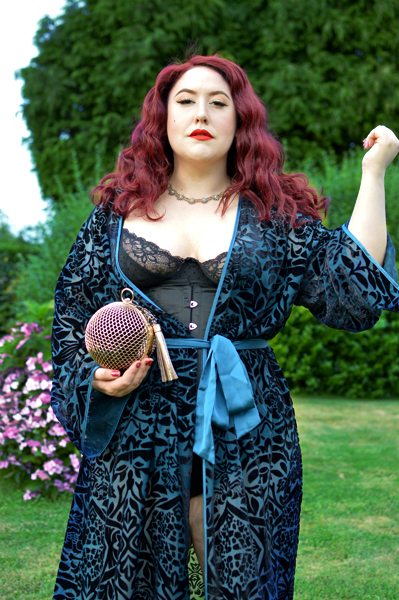 Teal Devore long velvet Robe by Fuller Figure Fuller Bust X Playful Promises collaboration line plus size fit review Miss Amy May vintage pinup