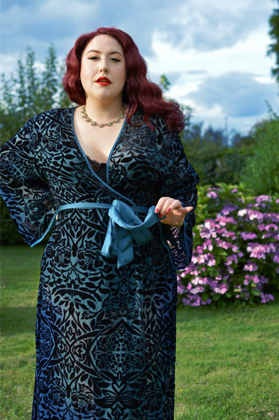 Teal Devore long velvet Robe by Fuller Figure Fuller Bust X Playful Promises collaboration line plus size fit review Miss Amy May vintage pinup