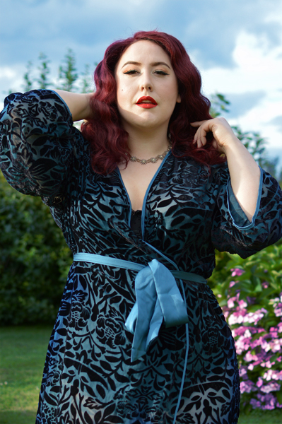 Teal Devore long velvet Robe by Fuller Figure Fuller Bust X Playful Promises collaboration line plus size fit review Miss Amy May vintage pinup