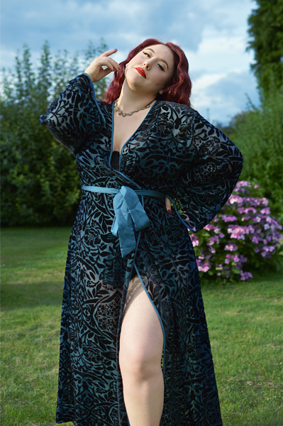 Teal Devore long velvet Robe by Fuller Figure Fuller Bust X Playful Promises collaboration line plus size fit review Miss Amy May vintage pinup