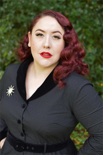 Collectif clothing Lacey black vintage swing dress velvet trim fit size review plus size pinup Miss Amy May