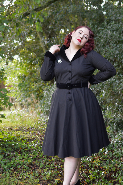 Collectif clothing Lacey black vintage swing dress velvet trim fit size review plus size pinup Miss Amy May