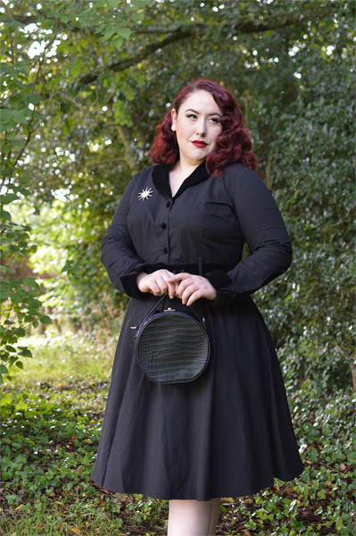 Collectif clothing Lacey black vintage swing dress velvet trim fit size review plus size pinup Miss Amy May