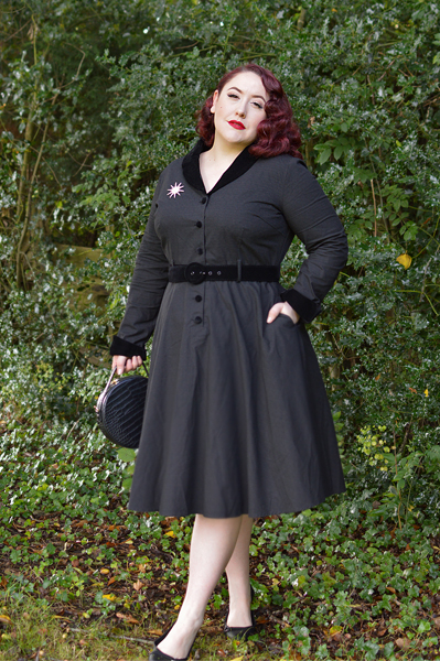 Collectif clothing Lacey black vintage swing dress velvet trim fit size review plus size pinup Miss Amy May