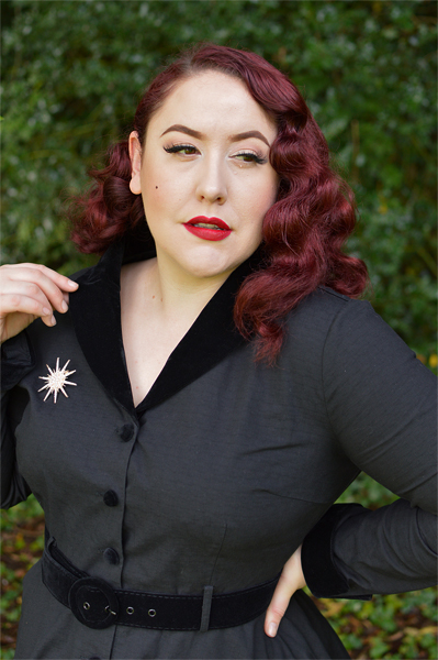 Collectif clothing Lacey black vintage swing dress velvet trim fit size review plus size pinup Miss Amy May