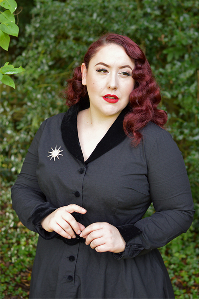 Collectif clothing Lacey black vintage swing dress velvet trim fit size review plus size pinup Miss Amy May