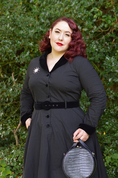 Collectif clothing Lacey black vintage swing dress velvet trim fit size review plus size pinup Miss Amy May