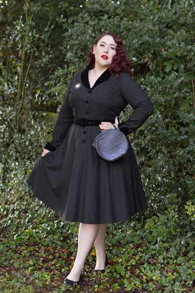 Collectif clothing Lacey black vintage swing dress velvet trim fit size review plus size pinup Miss Amy May