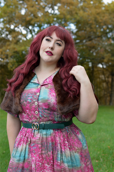 Meadow Print shirt Dress gifted by Love UR Look Clothing sustainable fashion ethically made vintage inspired. Fit sizing review plus size pinup Miss Amy May