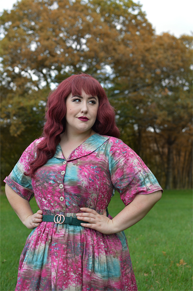 Meadow Print shirt Dress gifted by Love UR Look Clothing sustainable fashion ethically made vintage inspired. Fit sizing review plus size pinup Miss Amy May