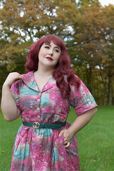 Meadow Print shirt Dress gifted by Love UR Look Clothing sustainable fashion ethically made vintage inspired. Fit sizing review plus size pinup Miss Amy May