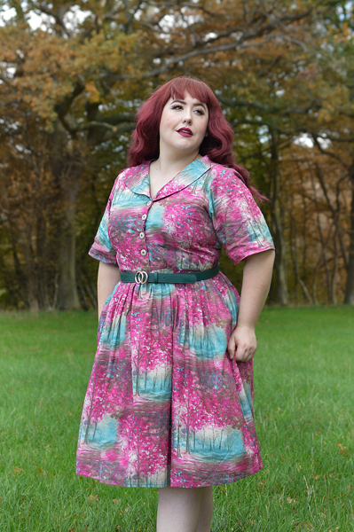 Meadow Print shirt Dress gifted by Love UR Look Clothing sustainable fashion ethically made vintage inspired. Fit sizing review plus size pinup Miss Amy May