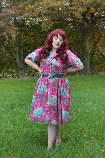 Meadow Print shirt Dress gifted by Love UR Look Clothing sustainable fashion ethically made vintage inspired. Fit sizing review plus size pinup Miss Amy May