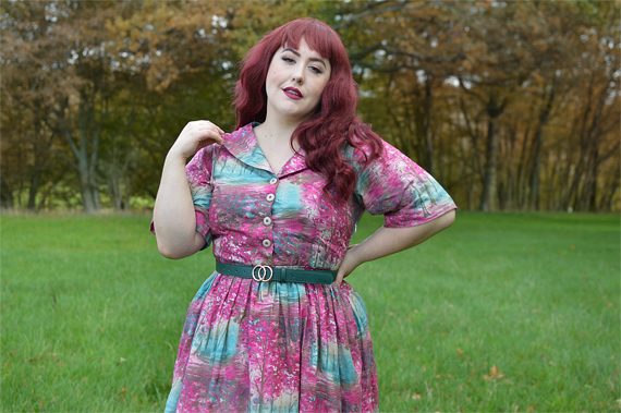 Meadow Print shirt Dress gifted by Love UR Look Clothing sustainable fashion ethically made vintage inspired. Fit sizing review plus size pinup Miss Amy May