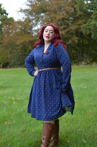 Dusk Blue Perrie polka dot dress gifted by Lindy Bop fit size review plus size pinup Miss Amy May