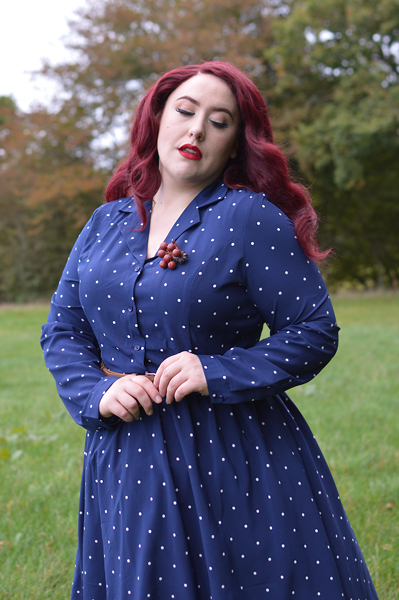 Dusk Blue Perrie polka dot dress gifted by Lindy Bop fit size review plus size pinup Miss Amy May