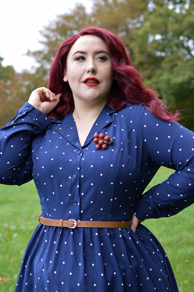 Dusk Blue Perrie polka dot dress gifted by Lindy Bop fit size review plus size pinup Miss Amy May