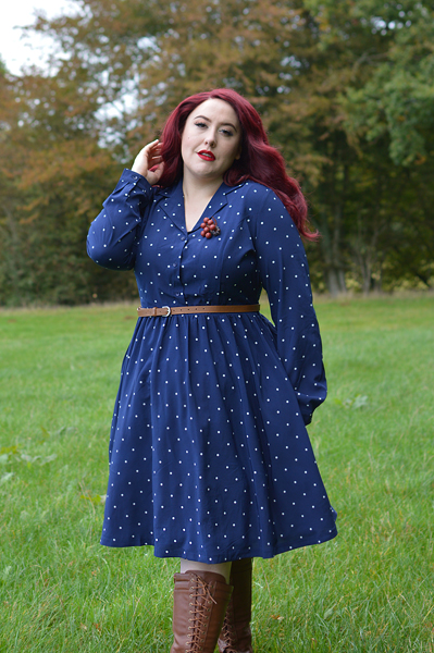 Dusk Blue Perrie polka dot dress gifted by Lindy Bop fit size review plus size pinup Miss Amy May