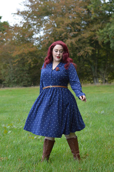 Dusk Blue Perrie polka dot dress gifted by Lindy Bop fit size review plus size pinup Miss Amy May