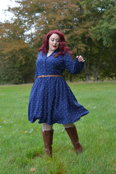 Dusk Blue Perrie polka dot dress gifted by Lindy Bop fit size review plus size pinup Miss Amy May