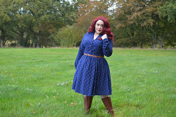 Dusk Blue Perrie polka dot dress gifted by Lindy Bop fit size review plus size pinup Miss Amy May