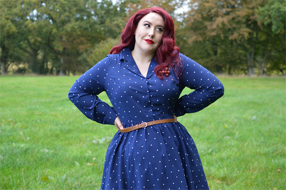Dusk Blue Perrie polka dot dress gifted by Lindy Bop fit size review plus size pinup Miss Amy May