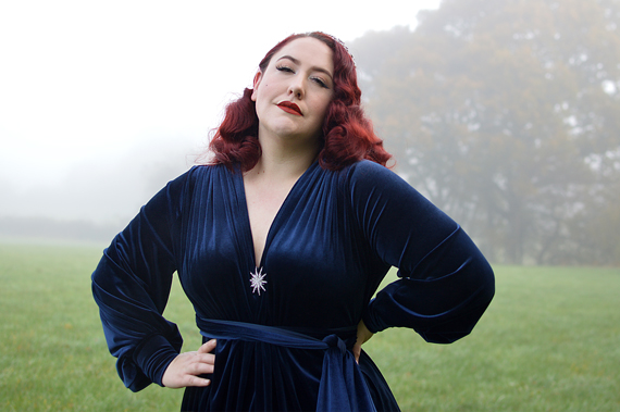 Navy Velvet Claudia gown by Alexandra King for Deadly is the Female fit size review plus size pinup Miss Amy May Deadly model