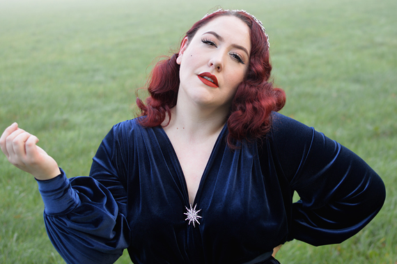Navy Velvet Claudia gown by Alexandra King for Deadly is the Female fit size review plus size pinup Miss Amy May Deadly model