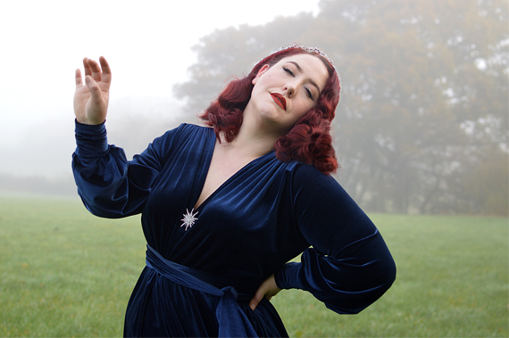 Navy Velvet Claudia gown by Alexandra King for Deadly is the Female fit size review plus size pinup Miss Amy May Deadly model