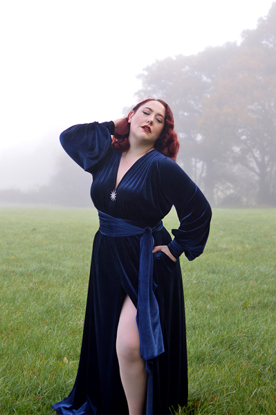 Navy Velvet Claudia gown by Alexandra King for Deadly is the Female fit size review plus size pinup Miss Amy May Deadly model