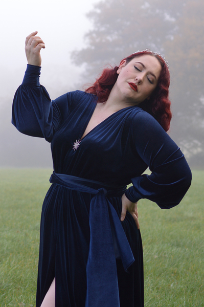 Navy Velvet Claudia gown by Alexandra King for Deadly is the Female fit size review plus size pinup Miss Amy May Deadly model