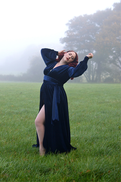 Navy Velvet Claudia gown by Alexandra King for Deadly is the Female fit size review plus size pinup Miss Amy May Deadly model