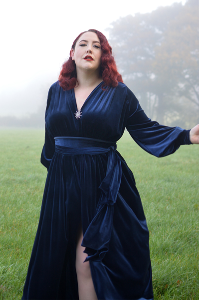 Navy Velvet Claudia gown by Alexandra King for Deadly is the Female fit size review plus size pinup Miss Amy May Deadly model