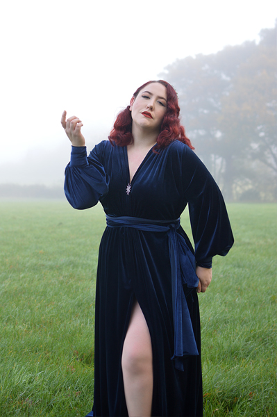 Navy Velvet Claudia gown by Alexandra King for Deadly is the Female fit size review plus size pinup Miss Amy May Deadly model
