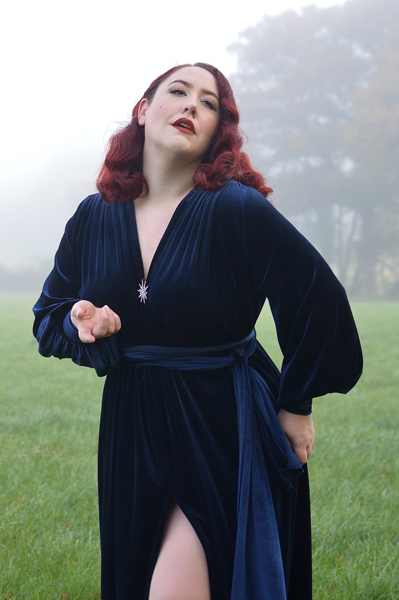 Navy Velvet Claudia gown by Alexandra King for Deadly is the Female fit size review plus size pinup Miss Amy May Deadly model
