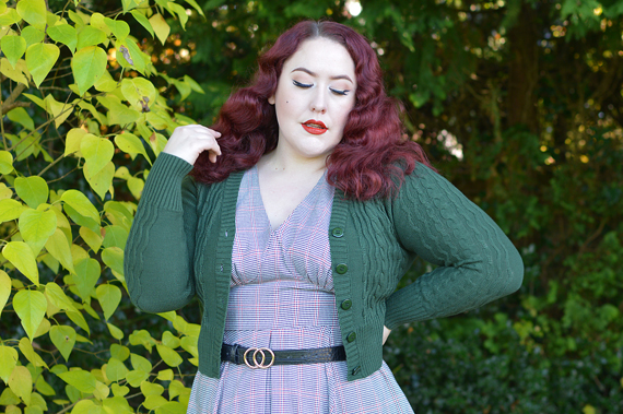 Voodoo Vixen Mabel 40s cable knit cardigan plus size pinup fit review Miss Amy May