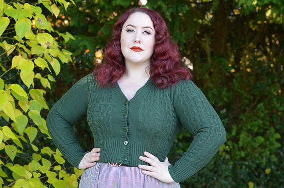 Voodoo Vixen Mabel 40s cable knit cardigan plus size pinup fit review Miss Amy May