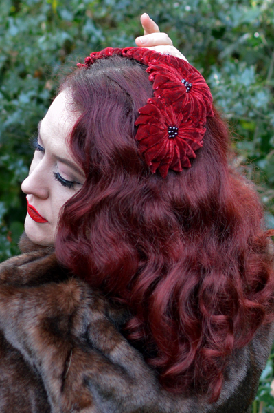Burgundy Large Daisy hat Belbeina lee handmade vintage fascinator Miss Amy May