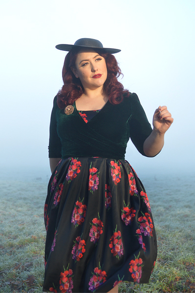 Dolly & Dotty Amanda dress black satin pink red rose floral print gifted fit size review plus size pinup Miss Amy May