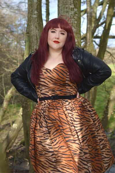 Hell Bunny Tora 50s dress tiger stripe print gifted fit size review by plus size pinup Miss Amy May